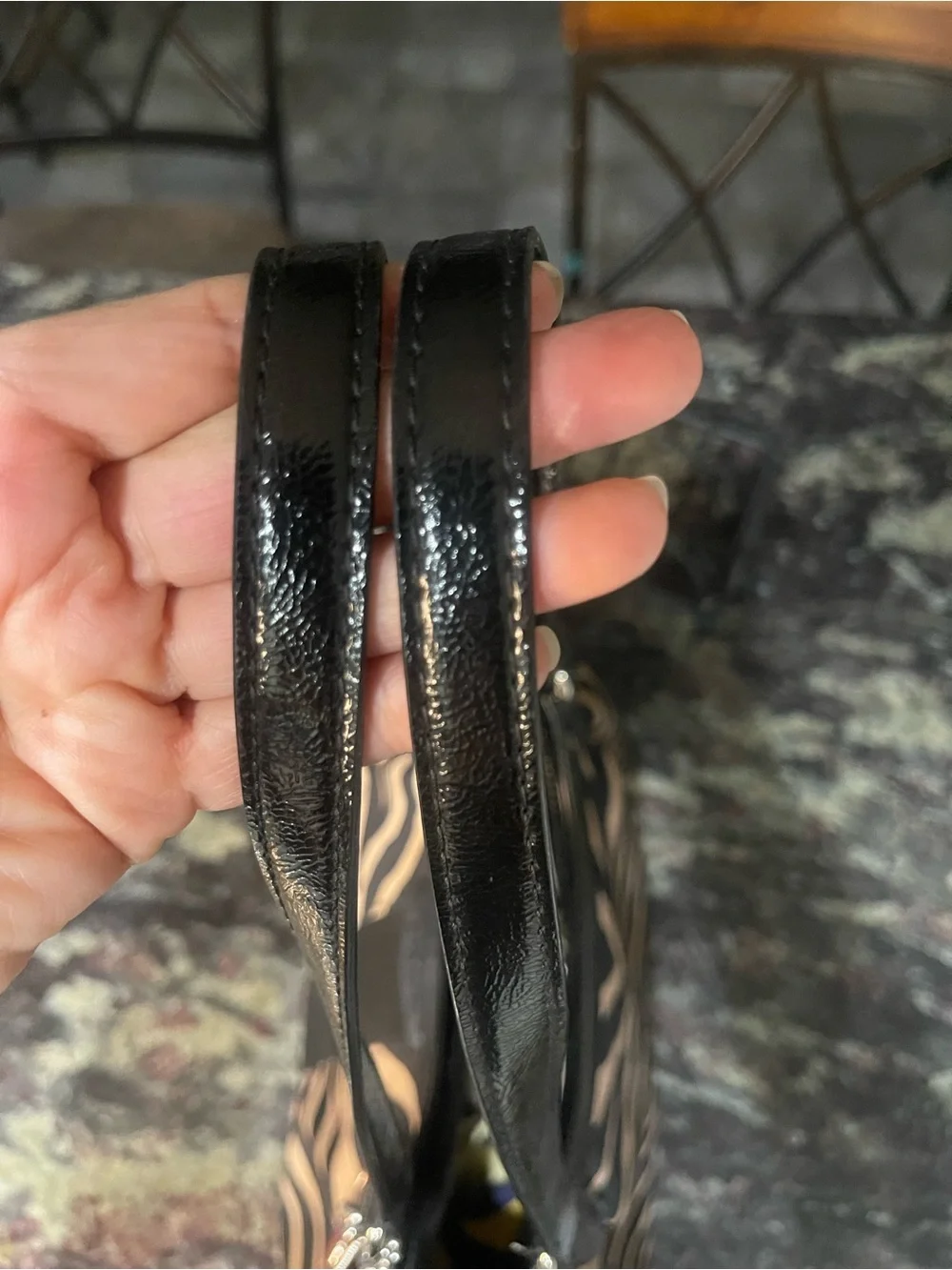 Coach Black and Cream Zebra-Print Devin Patent Leather Shoulder Tote